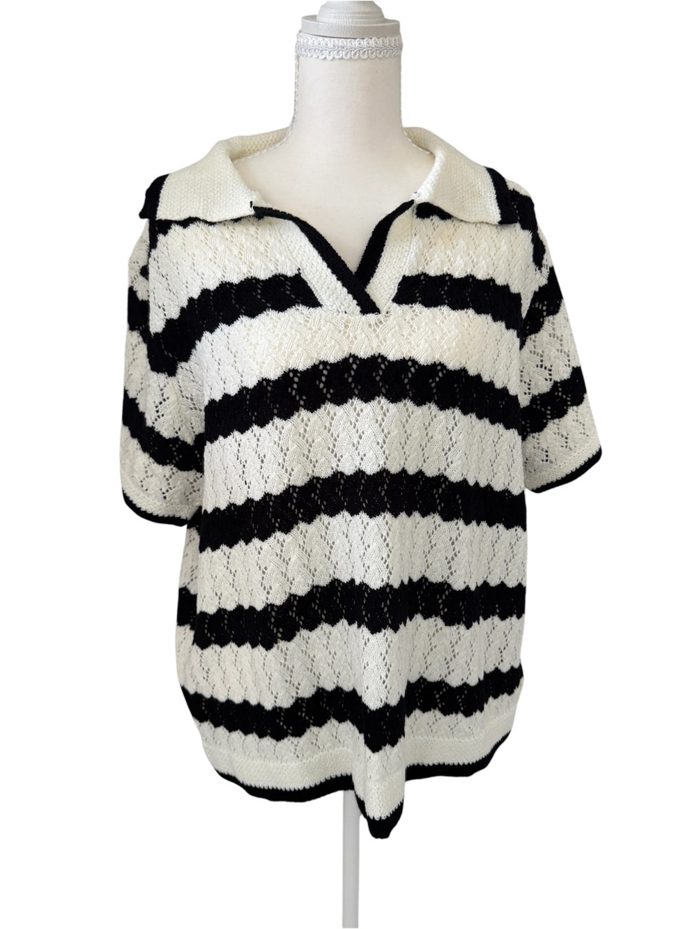 Cider Striped Knit Polo Sweater Top Black White Crochet Pointelle Short Sleeve